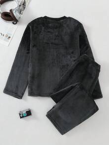 Genkimix Kids 男童字母刺繡皇家藍抓絨長袖上衣與長褲居家休閒套裝 - 黑色 - 查看 2