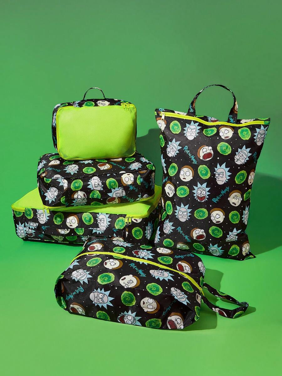Rick and Morty X SHEIN 科幻動畫系列主題聚酯纖維旅行收納套裝,5件式網格頂蓋收納袋(衣物/鞋子/洗衣款),可單件購買或整套購買 - 黑綠 - 查看 1