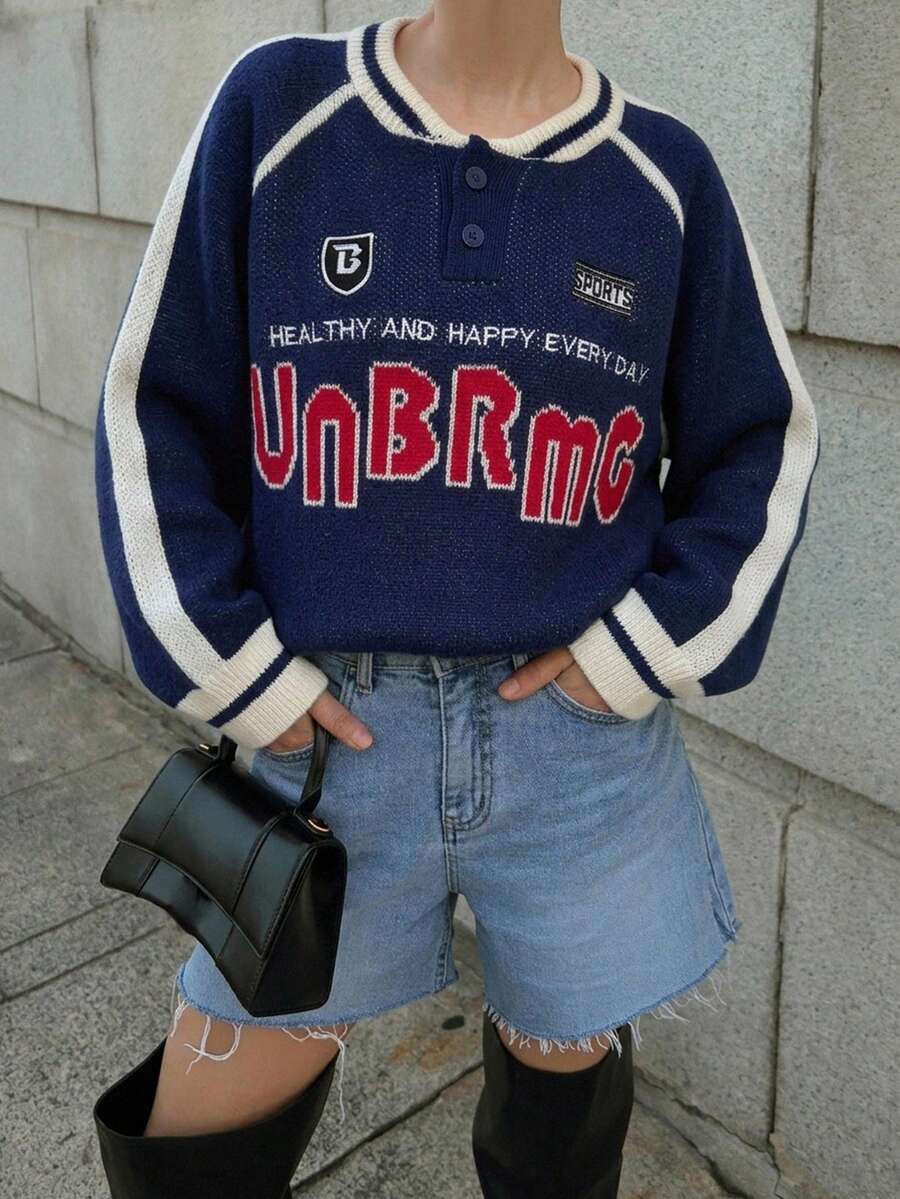 DAZY 女款數位條紋插肩袖長袖休閒寬鬆套頭針織衫 秋季 - 藍色 - 查看 1