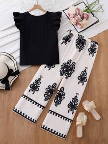 SHEIN Sparklyn Teen Girl Spring/Summer Beach Vacation Style Solid Color V-Neck Ruffle Armhole Top And Floral Satin Print Wide Leg Long Pants Set - Multicolor - View 2