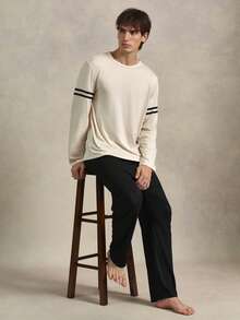 EverLounge 男士圓領拼色長袖上衣與長褲休閒居家服套裝 - 杏色 - 查看 1