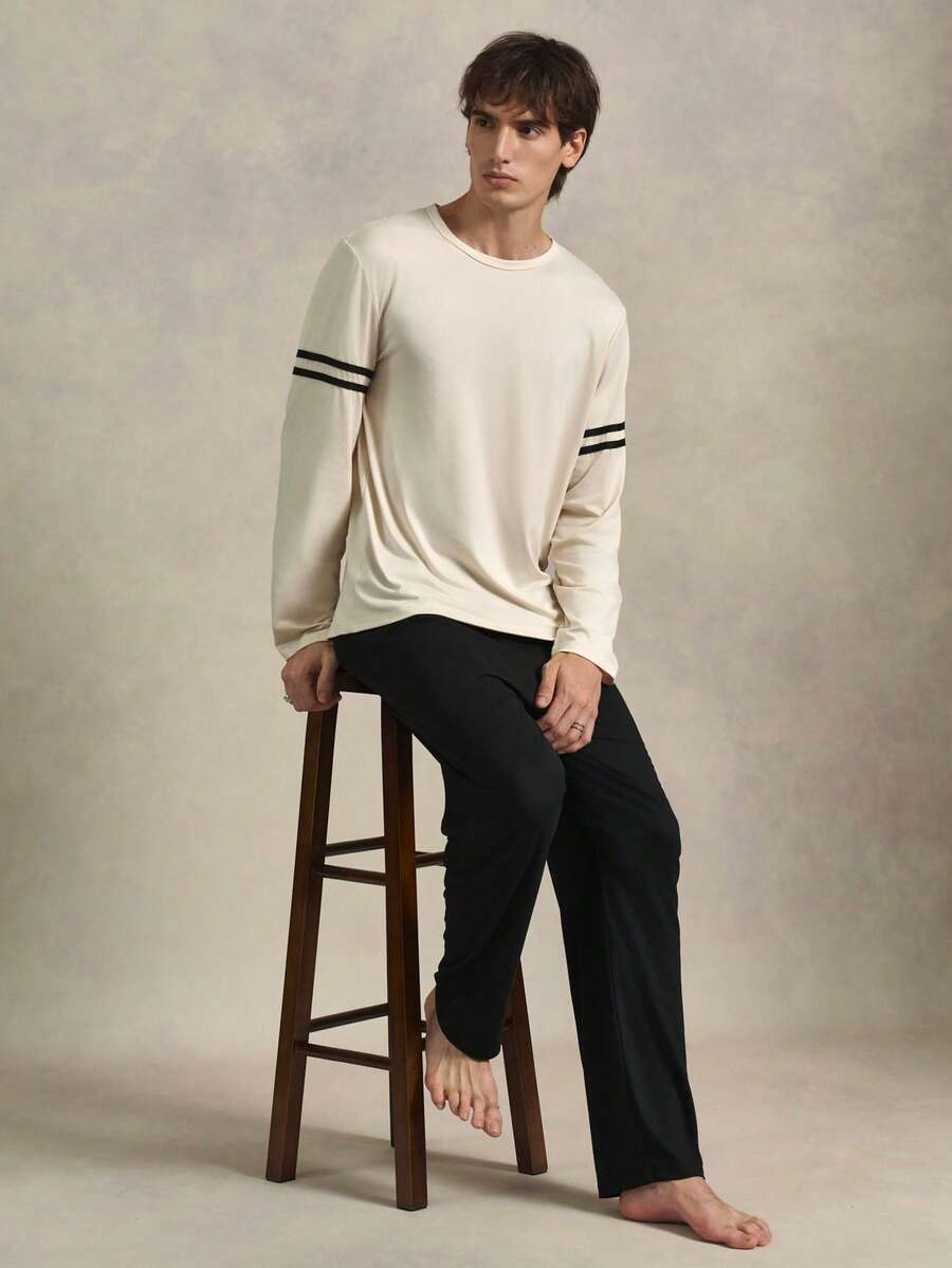 EverLounge 男士圓領拼色長袖上衣與長褲休閒居家服套裝 - 杏色 - 查看 1