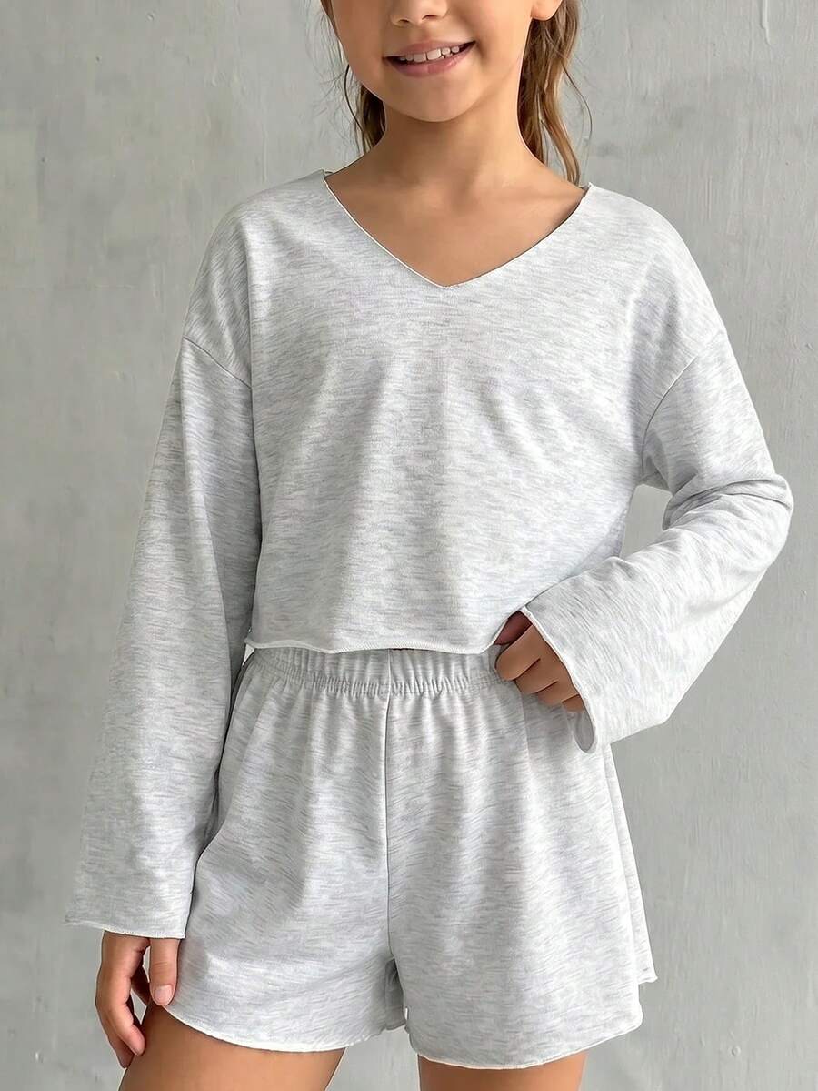 SHEIN 青少年女孩 2 件套 V 领落肩长袖上衣和短裤休闲装,秋季 - 灰色 - 查看 1