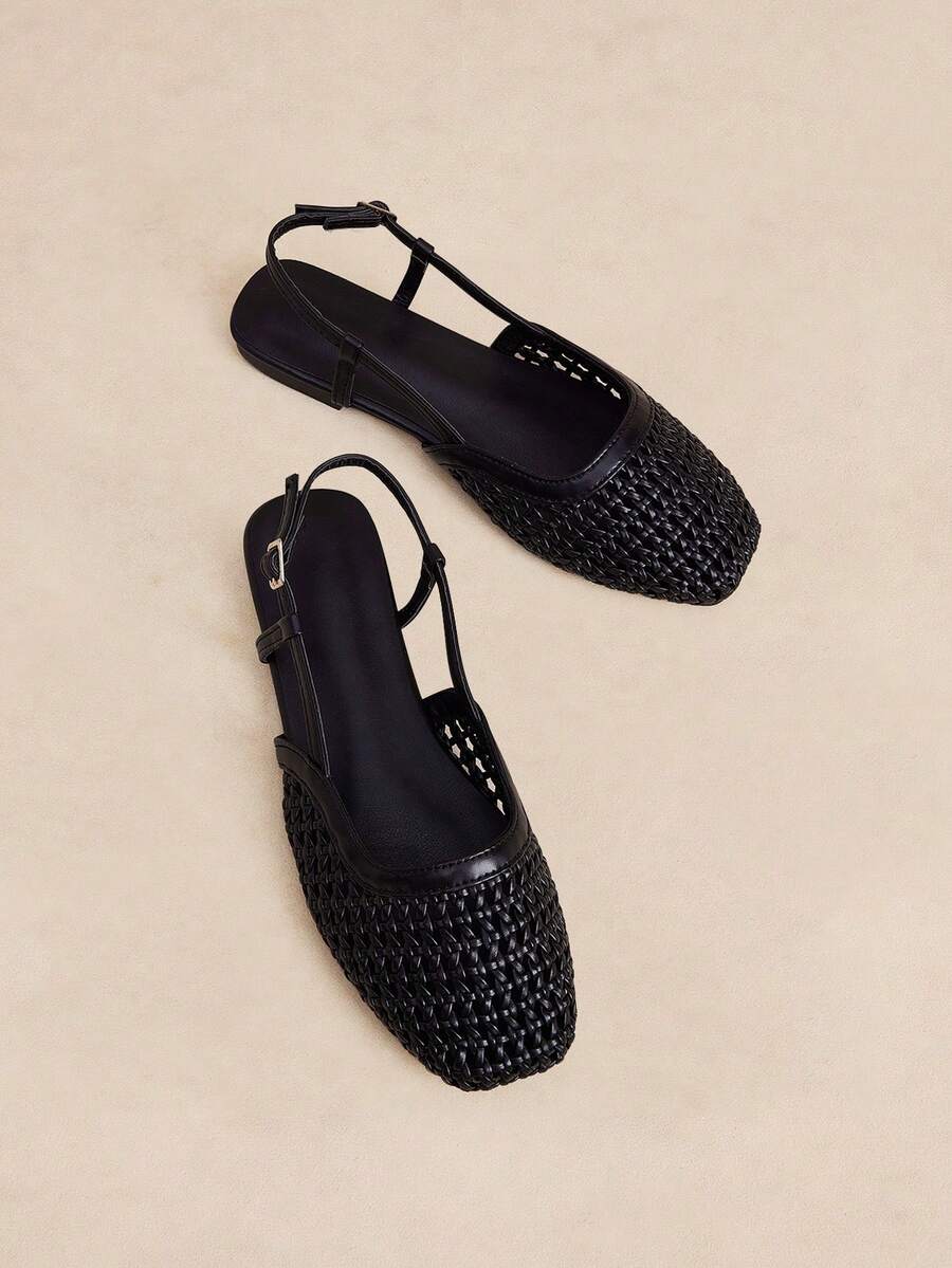 Rosivie 方頭平底女鞋,黑色編織材質,後繫帶 Slingback,休閒度假風,復古波希米亞風,舒適穿著 - 編織黑色 - 查看 1