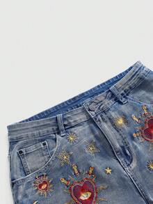 ROMWE Grunge Punk Y2K 千禧復古星月天體占卜刺繡大尺碼牛仔捲邊短褲 - 藍色 - 查看 3