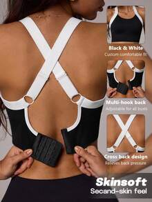 Dewbera Dewbera Women's Contrast Color Patchwork Criss-Cross Strap Sports Bra Adjustable Workout Black And White Gym Summer Athleisure Cross Back Hook & Eye Closure - Black - View 1