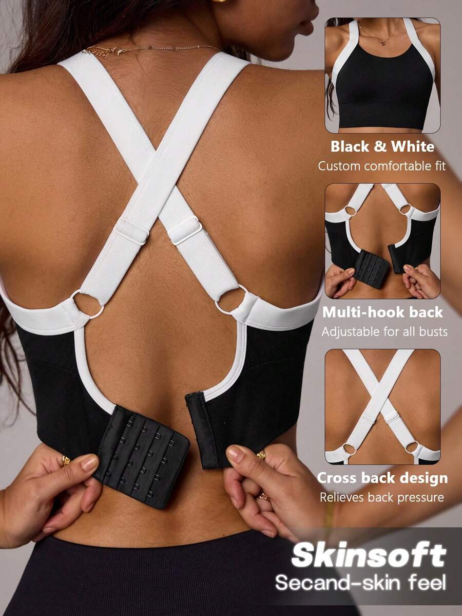 Dewbera Dewbera Women's Contrast Color Patchwork Criss-Cross Strap Sports Bra Adjustable Workout Black And White Gym Summer Athleisure Cross Back Hook & Eye Closure - Black - View 1