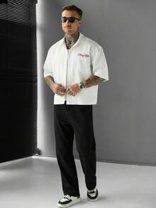 SLATEMANN Men's Letter Embroidered Striped Short Sleeve Casual Shirt - White - View 5