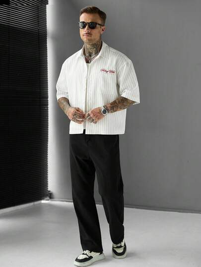 SLATEMANN Men's Letter Embroidered Striped Short Sleeve Casual Shirt