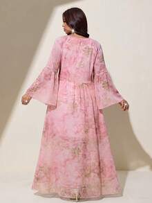 Viva Relle Plus Size Women's Elegant Floral Chiffon Midi Dress, Deep V-Neck With Front Tie Waist, Flared Long Sleeves, Flowy A-Line Full Skirt, For Daily Wear, Party, Wedding Guest, Banquet - Multicolor - View 2