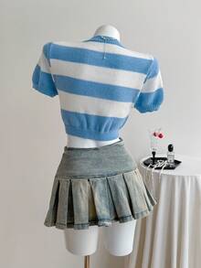 Elamini Heart Pattern Short Sleeve Cropped Women Knit Top For Summer Back-To-School Everyday Graduation School Blue And White Stripe Y2k - Blue and White - View 3