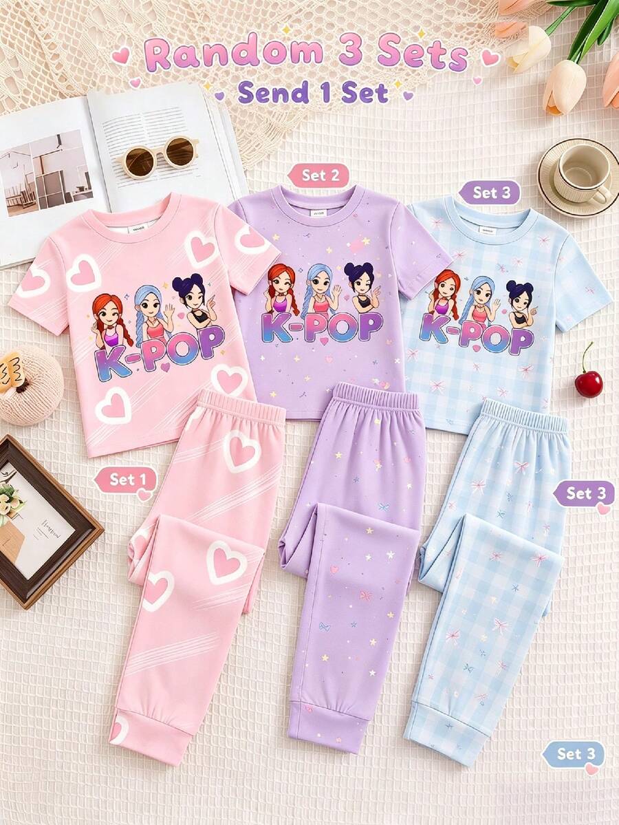 Set Pakaian Tidur Rumah Kasual Sehari-hari untuk Remaja Perempuan: Atasan Lengan Pendek Kerah Bulat dengan Motif Kartun Huruf dan Celana Panjang - MultiWarna - View 1