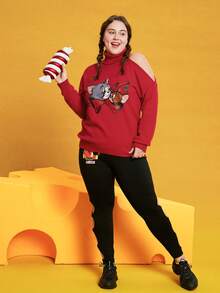 TOM & JERRY X SHEIN พลัส สเวตเตอร์ รูปแบบ การ์ตูน ปลอกคอสูง ไหล่ตก - สีแดง - ดู 6