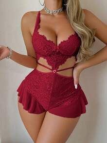 SHEIN 性感蕾絲掛脖挖空腰部女款連身睡衣 - 酒紅色 - 查看 3