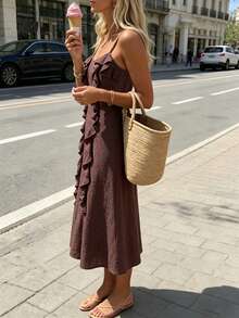 SHEIN PariChic Women's Elegant Coffee Brown Summer Vacation Holiday Dress,Niche Design Mid-Length Spaghetti Strap,Ruffle Hem,Fitted A-Line French Casual Style - Coffee Brown - View 3