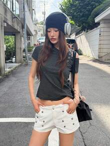 K-Vae 性感 Y2K 米白色低腰牛仔迷你短褲 女款 度假夏季款 - 白色 - 查看 7