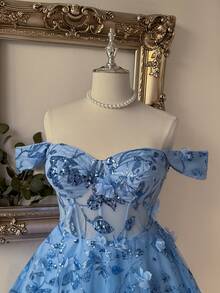 Lovelzi 大尺碼女款 3D 花卉裝飾露肩華麗舞會禮服（重工裝飾） - 藍色 - 查看 1