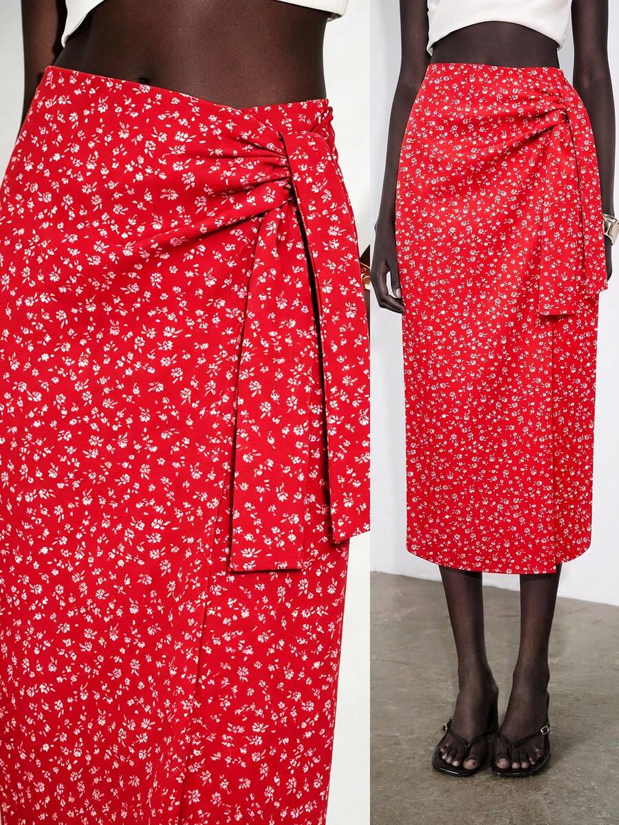 SHEIN x Tata & Beatriz Lumivelle 女款優雅深咖啡色高腰開衩綁帶抓褶不對稱緊身連身裙,度假穿搭 - 酒紅色 - 查看 1