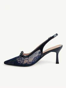 CUCCOO CHICEST French Lace Pointed Toe Slingback High Heels 2026 Spring And Summer New Bow Kitten Heel Sandals Women - ink blue - View 6