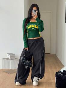 Coolane Damen Große Größen Herbst Streetwear Anti Social Smart Lässig Baggy Vintage Ausgehen Fitness Sport Club Urlaub Baumwolle Gelb Grün Farbblock Jersey Top - Grün - Übersicht 6