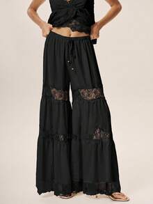 Willow Rêve Lightweight Thin Lace Patchwork Hollow Out Long Pants With Drape Heavy Workmanship . Vacation - Black - View 4