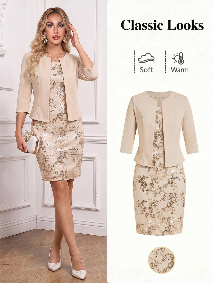Ellevyn 2 件女式亮片派对礼服和修身短袖夹克套装
