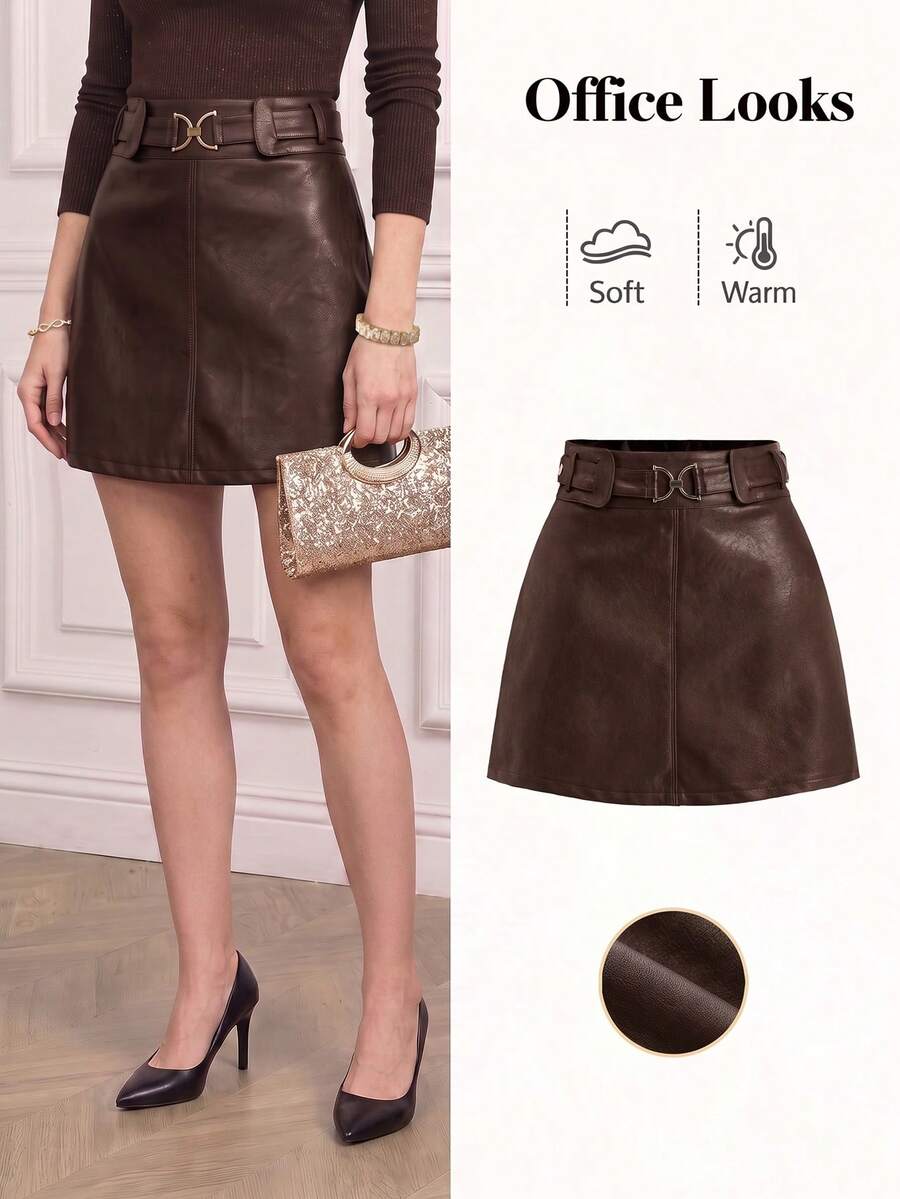 Ellevyn Falda midi elegante de línea A con botones decorativos de unicolor y PU - Marrón - Ver 1