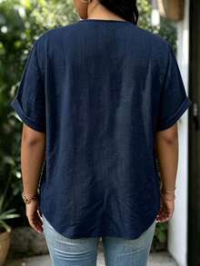Linhara CURVE Plus Size Summer Casual Versatile Solid Color Short Sleeve Shirt - Navy Blue - View 2