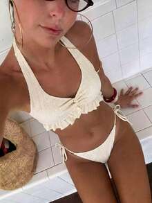 SHEIN Swim Set Bikini Halter Berkerut Depan Model Twist-Front untuk Liburan Pantai Musim Panas Wanita - Aprikot - View 8