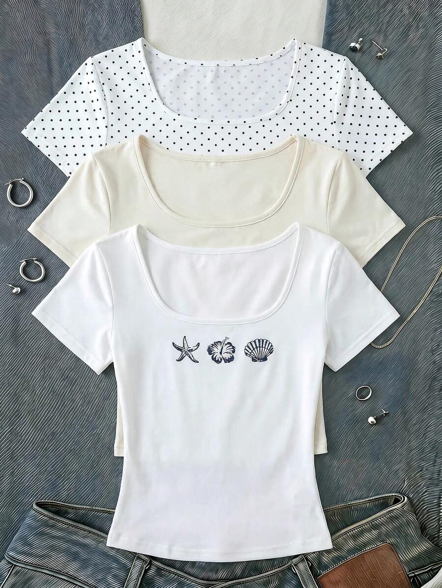 SHEIN Tween Girls Fashion Casual Minimalist Versatile Polka Dot & Solid Color Square Neck Short Sleeve T-Shirt 3pcs/Set - Multicolor - View 1