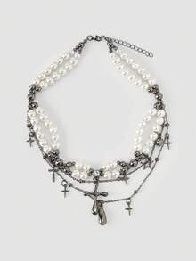 MortiRose A Fashionable Light Luxury Versatile Casual Goth Punk Spice Girl Design Feeling Water Drop Cross Multi-Layer Necklace - Gun Black - View 2