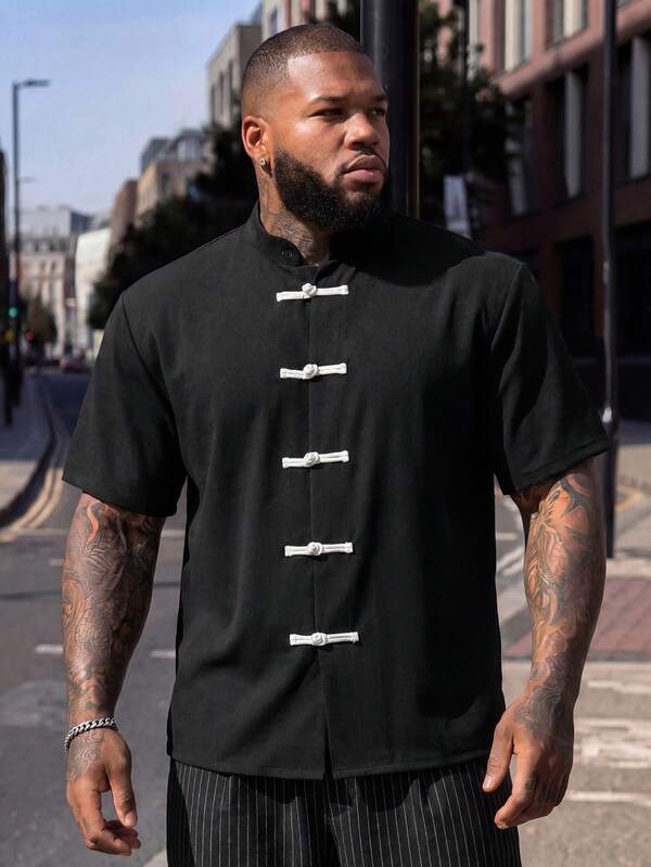 EASEVO Men's Plus Size Short Sleeve Casual Shirt With Frog Button Design