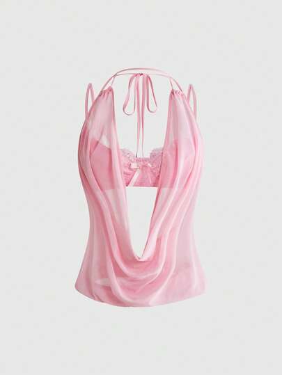 Top de mujer Y2K sexy minimalista con cuello drapeado profundo, espalda descubierta y halter estilo vintage (incluye interior de encaje)