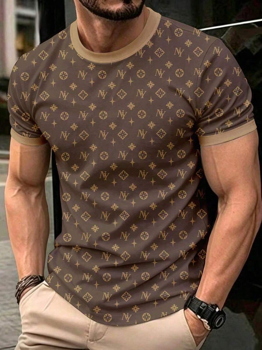 Manfinity Dauomo Kaos Pria Lengan Pendek Kasual Leher Bulat dengan Cetakan Huruf - Aprikot - View 1