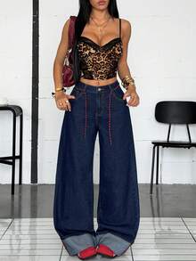 Jeanoix Women's Ultra Low Waist Wide Leg Jeans With Extra Wide Cuffs - Blue - View 7