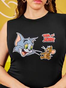 TOM & JERRY X SHEIN 大码 90 年代休闲运动黑色经典卡通猫和老鼠印花修身褶皱无袖中长连衣裙，秋季 - 黑色 - 查看 5