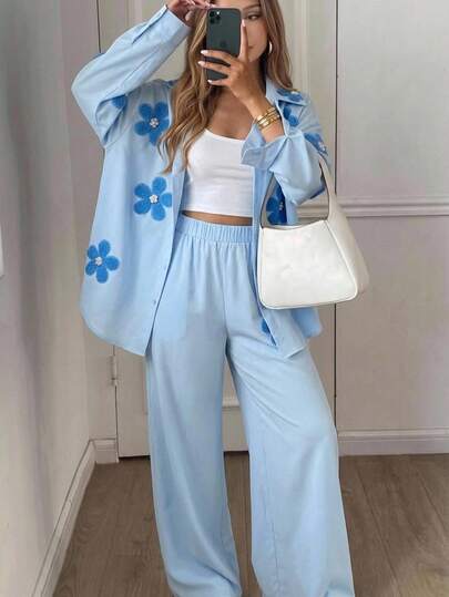 SHEIN Ensemble 3 pièces pour filles enfants et ados, chemise ample tissée avec imprimé floral 3D et fausses perles, gilet boutonné et pantalon long décontracté, style Academy, printemps/automne, nouveau