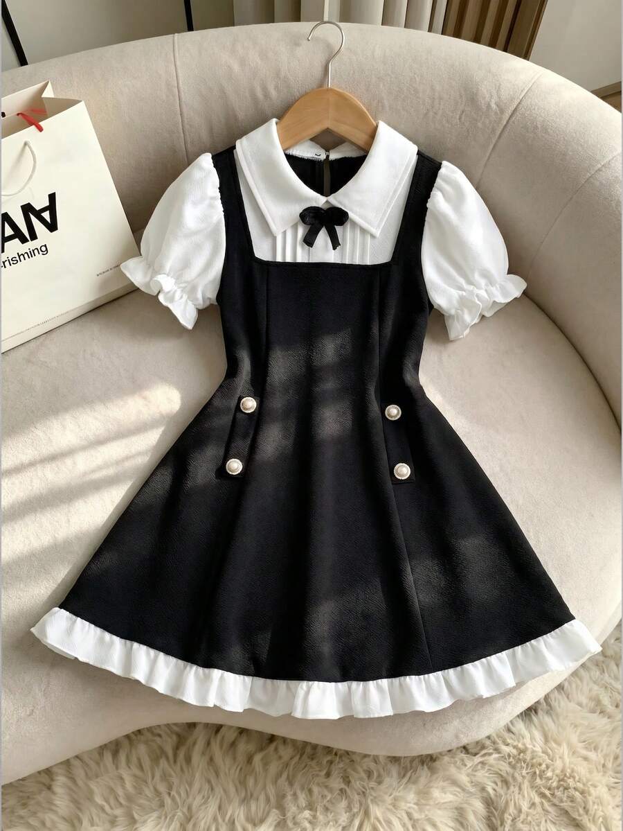 Casuvi Kids 女童小號波點印花白色泡泡短袖收腰A字蝴蝶結拼接洋裝 - 黑與白 - 查看 1