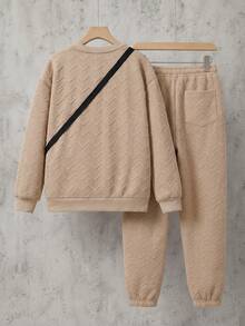 SHEIN 男童休閒圓領長袖舒適衛衣，附口袋裝飾，秋冬款 - 卡其色 - 查看 2