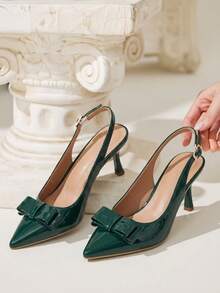CUCCOO CHICEST Sepatu Stiletto Hijau Ujung Lancip Bentuk Vamp Bulat dengan Pita Dua Lapis, Modis dan Seksi, Cocok untuk Perjalanan Sehari-hari, Serbaguna, Elegan, dan Sederhana. - Dark Green - View 3