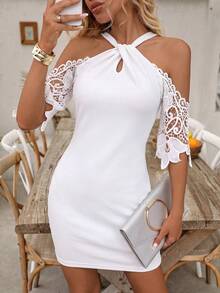 SHEIN LUNE Gaun Musim Semi/Panas dengan Hiasan Renda, Leher V, Patchwork, Bahu Terbuka, Tanpa Punggung, Lengan Setengah, Model Halter, Elegan untuk Pernikahan, Pantai, Koktail, Malam Hari, Serba Putih - Putih - View 7