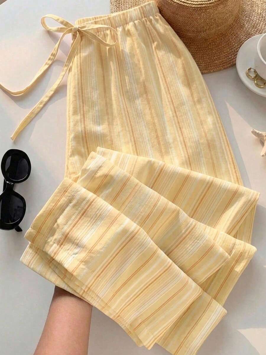 SHEIN EZwear 女款休閒腰部繫帶直筒長褲,適合夏季 - 黃色 - 查看 1