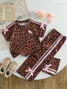 Genkimix Kids 2pcs Young Girl Leopard Print Bow Ribbon Decor Casual Fashion Short Sleeve T-Shirt + Bow Ribbon Decor Casual Fashion Straight Leg Pants - Brown - View 6