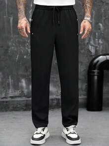 SLATEMANN 男士純色抽繩腰直筒商務休閒長褲 - 黑色 - 查看 5