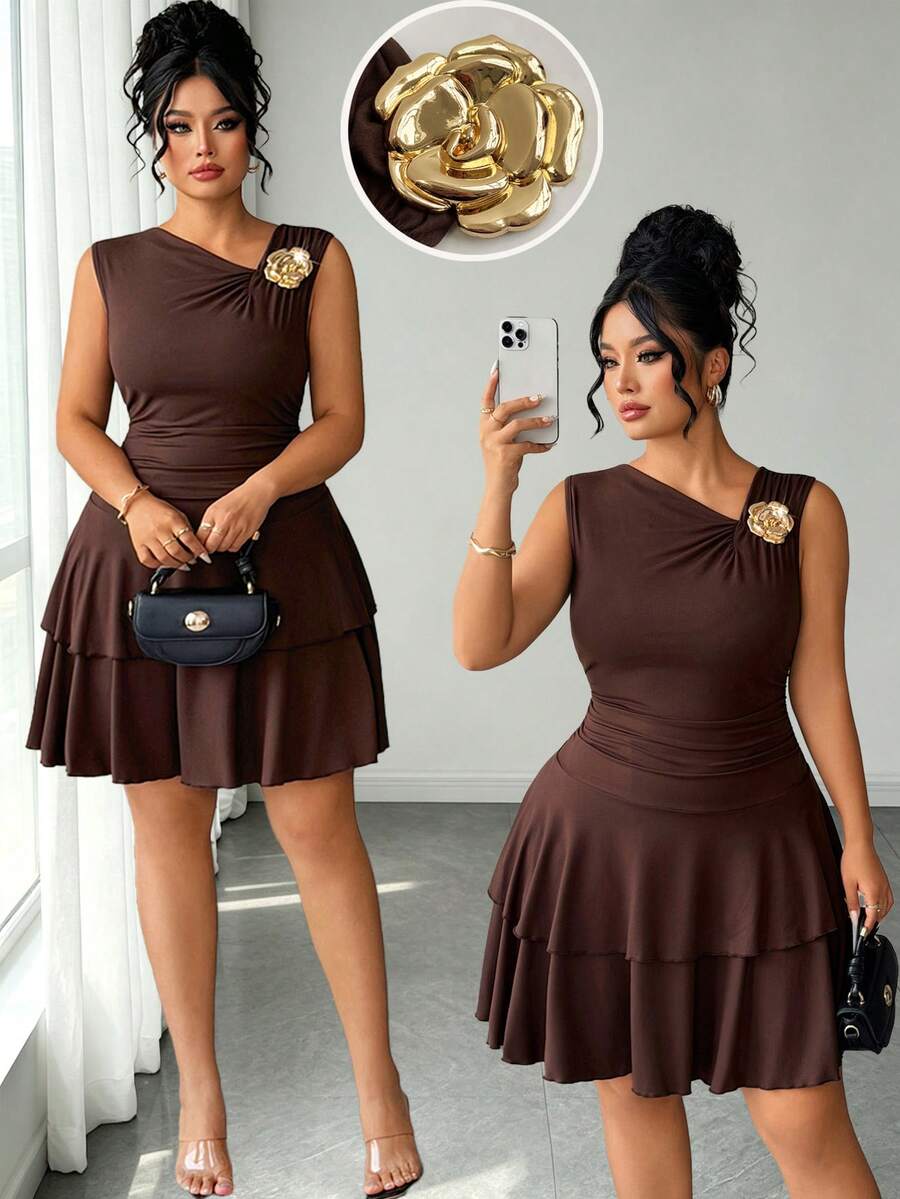 Elenzga Plus Size Elegant Vintage Romantic Fashion Asymmetric Neckline Sleeveless Pleated Waist Floral Decor Fitted Dress For Women, Suitable For Date, Party, Daily Wear, Summer Dress, Sleeveless Dress - Brown - View 1