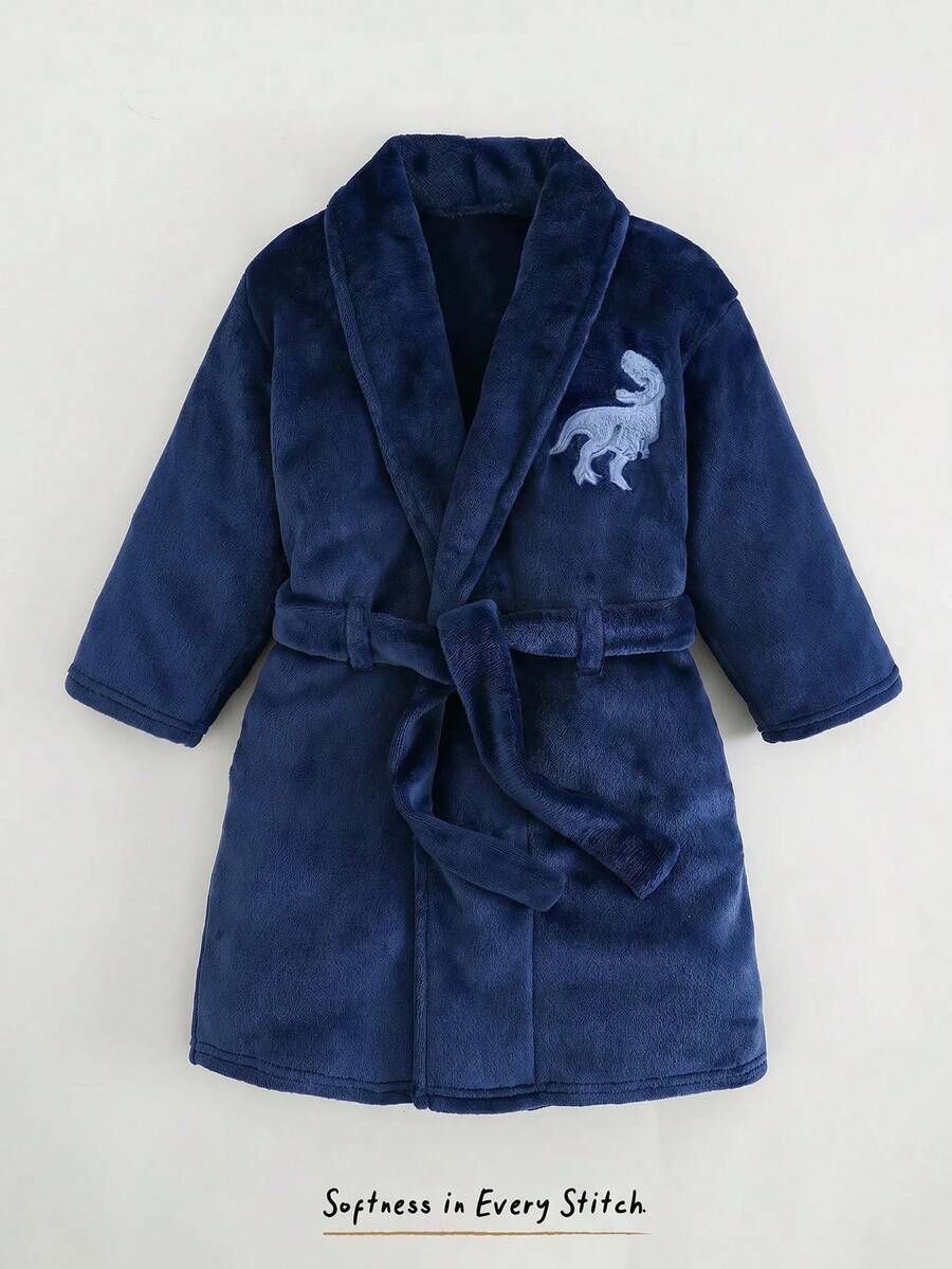 Cozy Pixies Kids Young Boy Autumn/Winter Letter Pattern Thermal Lined Thick Hooded Long Sleeve Drawstring Robe, Suitable For Home, Bathroom, Beach And More - Multicolor - View 1