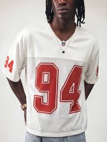 SUMWON 男士寬鬆版足球球衣 T-shirt，94號號碼、網眼拼接、V領短袖街頭風上衣 - 白色 - 查看 2