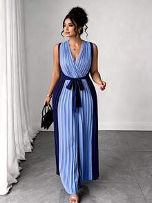 SHEIN Elenzya Women's Plus Size Colorblock Blue Pleated Jumpsuit, Suitable For City Commute Style - Blue - View 5