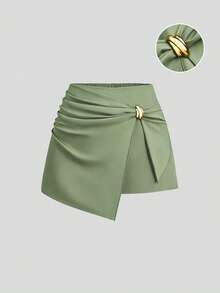 Sweetra Plus Size Women's Solid Color Metal Decor Casual Versatile Daily Skorts - Army Green - View 1