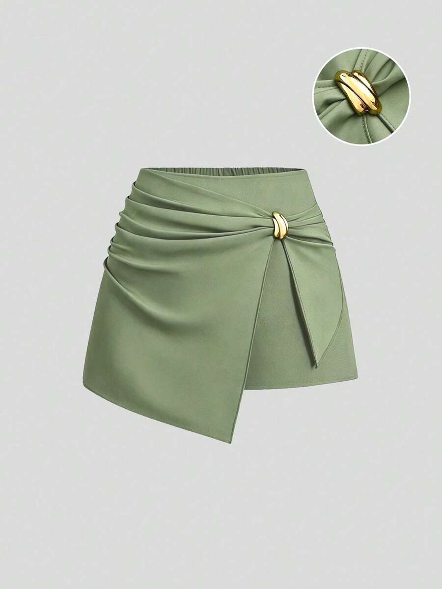 Sweetra Plus Size Women's Solid Color Metal Decor Casual Versatile Daily Skorts - Army Green - View 1